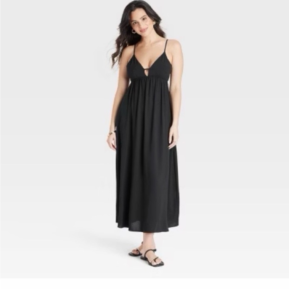 a new day Black Spaghetti-Strap V-Neck Midi Dress SZ L - Picture 2 of 10
